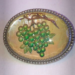 Vintage Grape Cluster Leaf Brooch Hand Painted Glass Intaglio 3D Brooch Pin